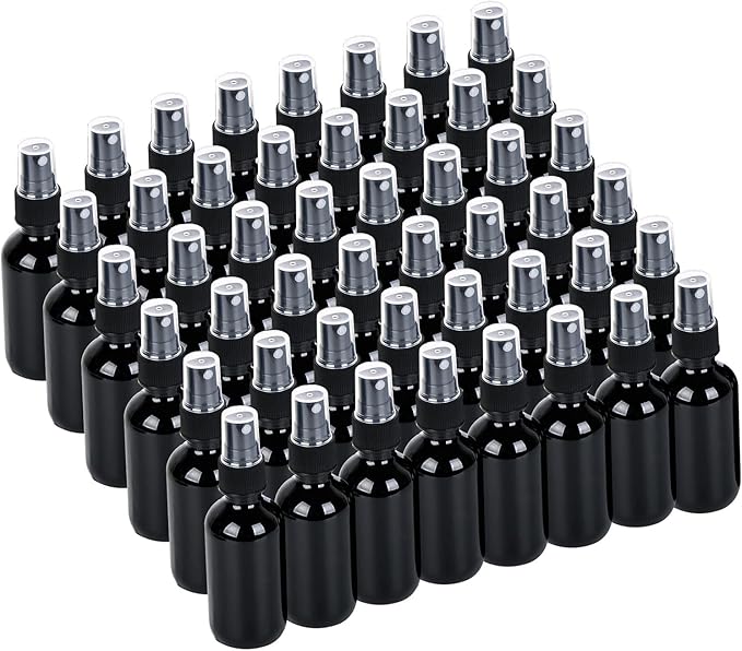 2oz UV Resistant Glass Spray Bottle, Fine Mist Boston Glass Bottles with Black Fine Mist Sprayer Small Clear Bottles for Essential Oils, Bath, Beauty, Hair & Cleaning, Black, Pack of 48