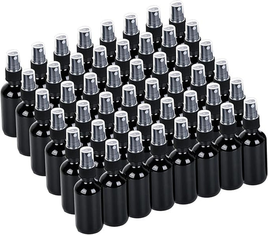 2oz UV Resistant Glass Spray Bottle, Fine Mist Boston Glass Bottles with Black Fine Mist Sprayer Small Clear Bottles for Essential Oils, Bath, Beauty, Hair & Cleaning, Black, Pack of 48