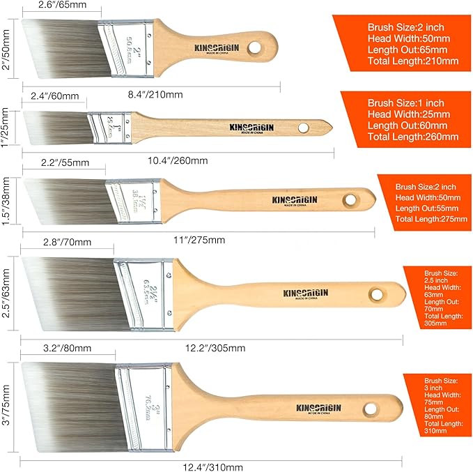 King Origin 10-Pack Professional Angled Paint Brushes Set (1", 1.5", 2", 2.5", 3") Synthetic Wall & Trim Brushes for Cutting Edges, Cabinets, Touch-Ups | Reusable Bulk Paintbrush Kit