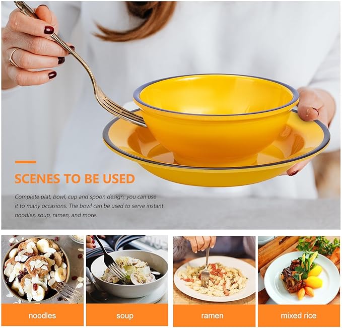BESPORTBLE Melamine Dinnerware Set Yellow 4pcs Bowl Cup Plate Set Food Serving Containers Lightweight Unbreakable Tableware for Indoor Outdoor Dining