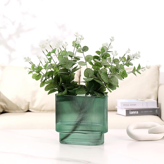 Green Glass Vase, Ribbed Glass Vase for Flowers, Flower Vases for Bouquet, Fluted Glass Vases, Modern Vase for Living Room, Dining Room, Bathroom, Desk, Shelf, Wedding, Office, 7 Inches
