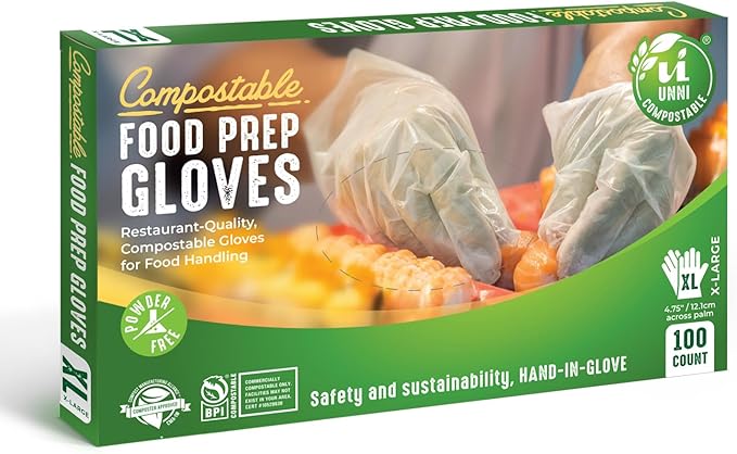 UNNI Compostable Food Prep Gloves, For Food Handling, ASTM D6400, US BPI, CMA & Europe OK Compost Certified