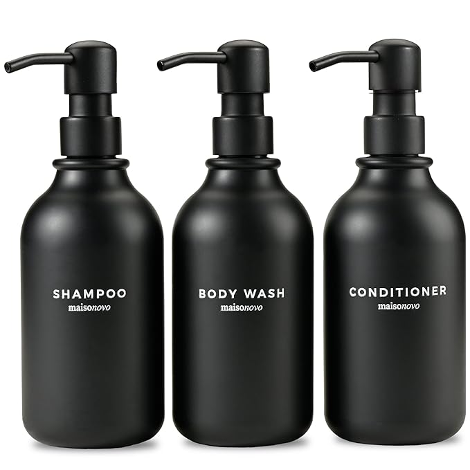 MaisoNovo Refillable Shampoo and Conditioner Bottles | 16.9 fl oz Set of 3 Black Plastic Bottles Black Pumps