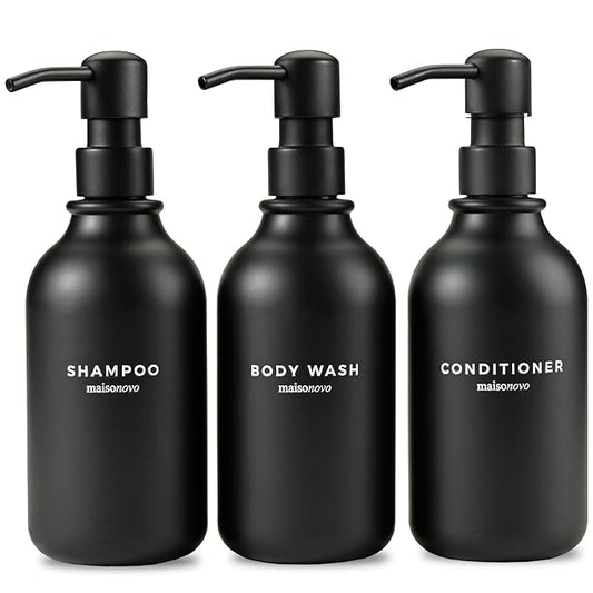 MaisoNovo Refillable Shampoo and Conditioner Bottles | 16.9 fl oz Set of 3 Black Plastic Bottles Black Pumps