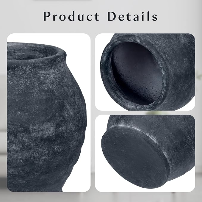 Briful 5.91'' Large Ceramic Black Rustic Vase, 4.72'' Wide Mouth Pampas Jar Vase Pottery for Fake Flowers Branches, Farmhouse Home Decor, Weddings Shelf Table Decor