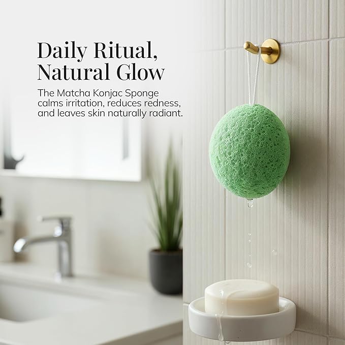 Plant-Based Konjac Facial Sponge: Natural Face Exfoliator for All Skin Types - Charcoal, Matcha, or Original - Gently Cleanses & Balances - Vegan, Cruelty-Free, 100% Biodegradable (Matcha)
