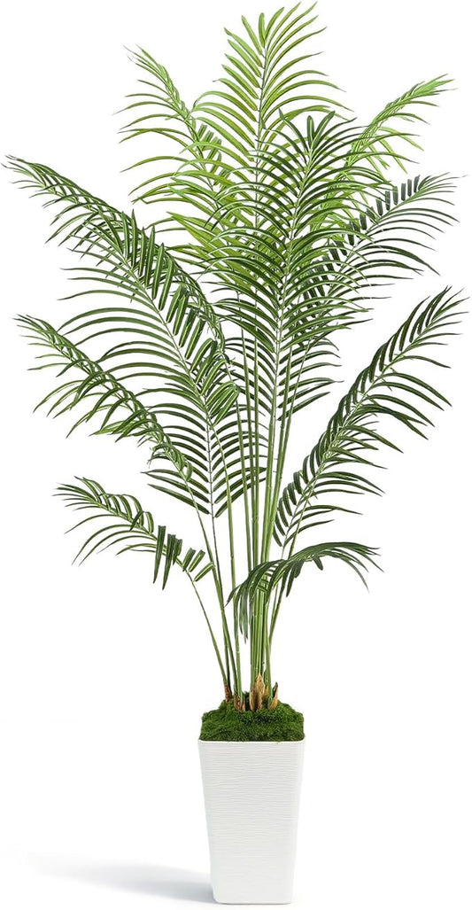 6FT Artificial Palm Tree, Tall Fake Tropical Areca Plant with White Square Planter for Indoor Outdoor Home Decor, Realistic Faux Palm Tree for Living Room, Office, Porch, Garden