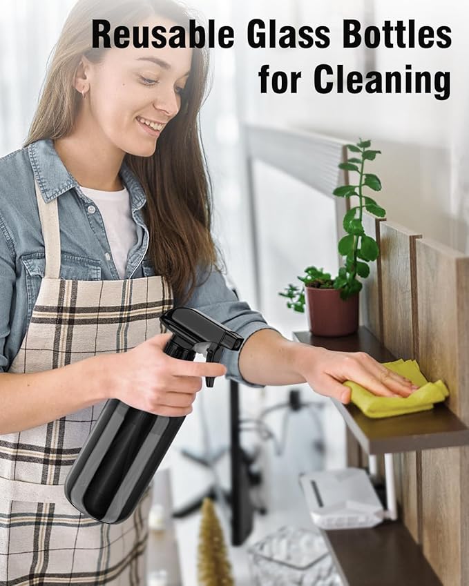 Glass Spray Bottle, Black Glass Spray Bottle Set & Accessories Refillable for Plants Window Cleaners Aromatherapy Facial hydration Watering Flowers Hair Care (2 Pack/16oz) (Black)
