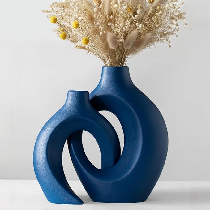 Snuggle Hollow Ceramic Vase Set of 2, 8.4 Inch Hug Donut Modern Nordic Boho Style Vases for Home Decor Anthropologie Aesthetic Living Room Shelf Coffee Table Decorative (Navy Blue)