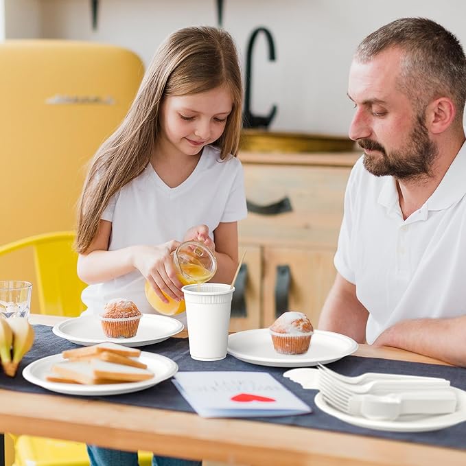 400PCS Compostable Paper Plates Set, Disposable Eco-friendly Dinnerware Set, Biodegradable Heavy-Duty Paper Plates, Utensils, Cups and Straws for Party Camping 50 (White)