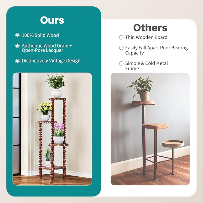 Wooden Plant Stand Indoor - 4 Tier 43.3" H Tall Classic Antique Vintage Heavy Duty Solid Wood Plant Stand Shelf for House Corner, Living Room, Bedroom, Entryway, Hallway, Garden, Balcony (Retro Brown)