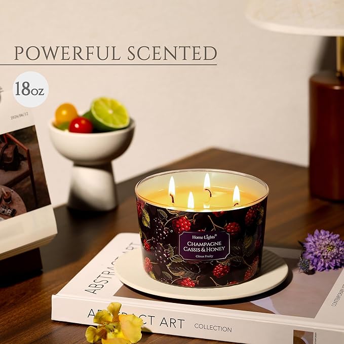 HomeLights Scented Candles for Women & Men, 18oz Candle Jars Aromatherapy 4-Wick Candle, Ideal for Eclectic Mixed Styles Home Decor and Gifts, Champagne Cassis & Honey