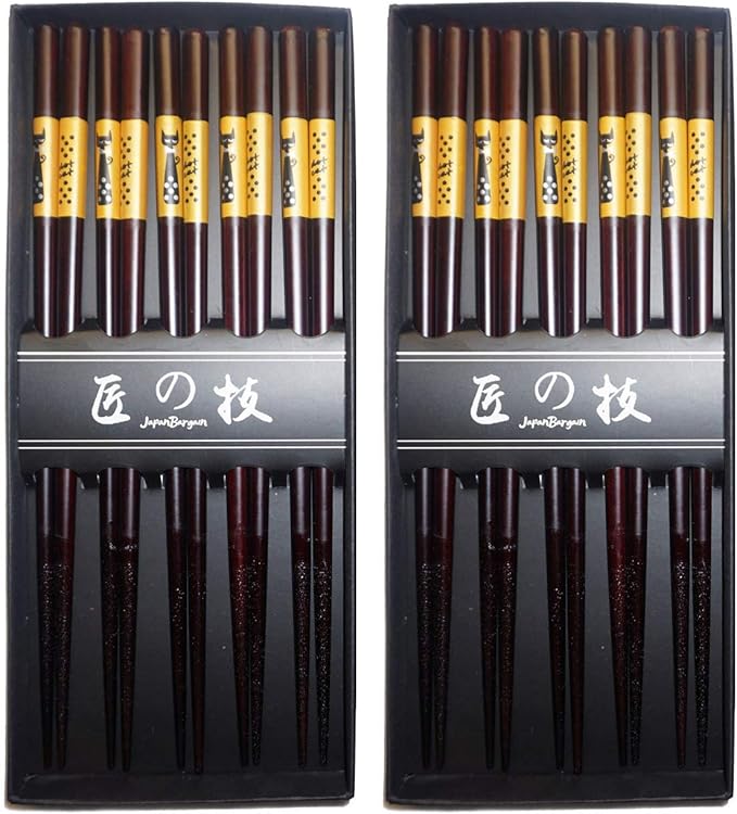 JapanBargain 4510, 2 Pack Bamboo Reusable Chopsticks, Japanese Chinese Korean Wood Chop Sticks, 5 Pair Gift Boxed Set, Cute Black Cat Pattern Hair Sticks, Dishwasher Safe, 9 inch