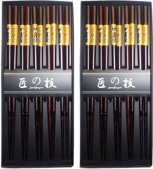 JapanBargain 4510, 2 Pack Bamboo Reusable Chopsticks, Japanese Chinese Korean Wood Chop Sticks, 5 Pair Gift Boxed Set, Cute Black Cat Pattern Hair Sticks, Dishwasher Safe, 9 inch
