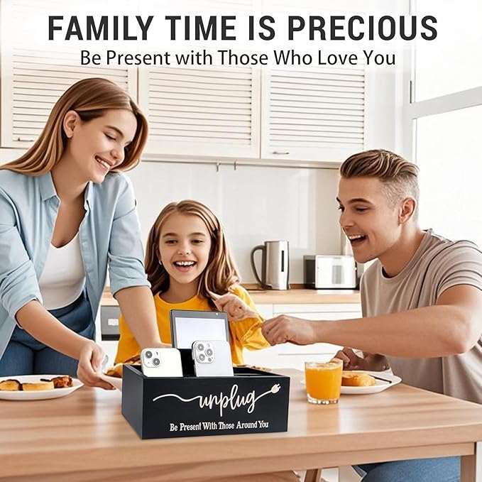 Bamboo Wood Phone Box – Unplug from Phones, Tablets, and Electronics for Study, Meetings, and Family Time, Phone Holder Organizer with Charging Holes, Farmhouse Style, Holds Up to 18 Phones-Black