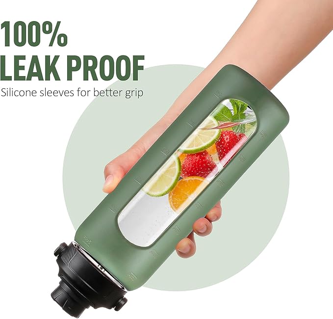 24oz Glass Water Bottle with Straw and 2 Lids-Bamboo and Spout Lid, Borosilicate Glass Water Bottle with Silicone Sleeve and Time Marker,BPA Free & Cupholder Friendly,Olive