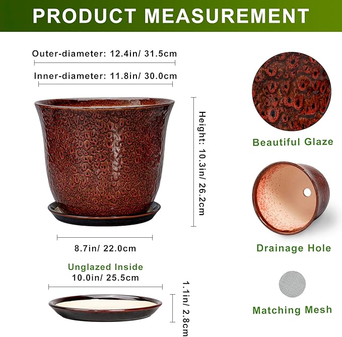 Ceramic Pots for Plants - 12 Inch Plant Pot for Indoor Outdoor, Round Planter with Drainage Hole and Saucer, Large Decorative Planters, Modern Flower Pot, Office Decor, Garden Gifts, Red