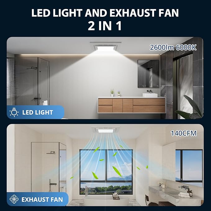 2-in-1 Bathroom Exhaust Fan with Light, 140 CFM,6000K LED Light Easy to Install