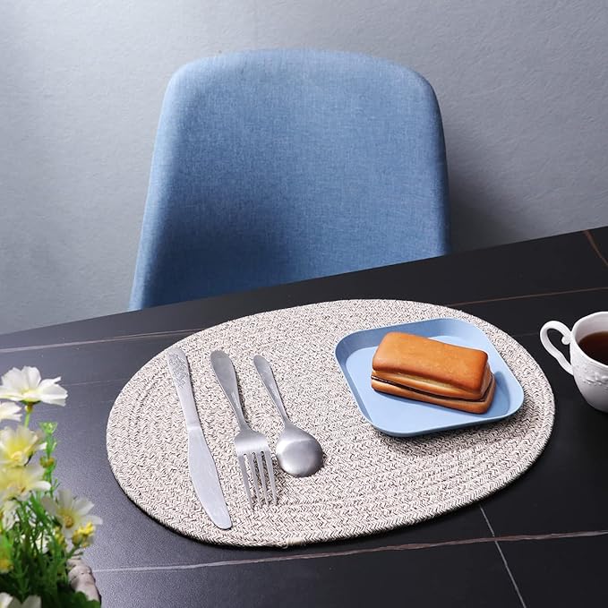 4 Pack Oval Woven Placemats, Mix Brown Cotton Plate Chargers with 4 Pack Round Coasters, Thick Heat Insulation Mats Household Table Mats Braided Bowl Mats Fabric Rustic Placemats for Dining