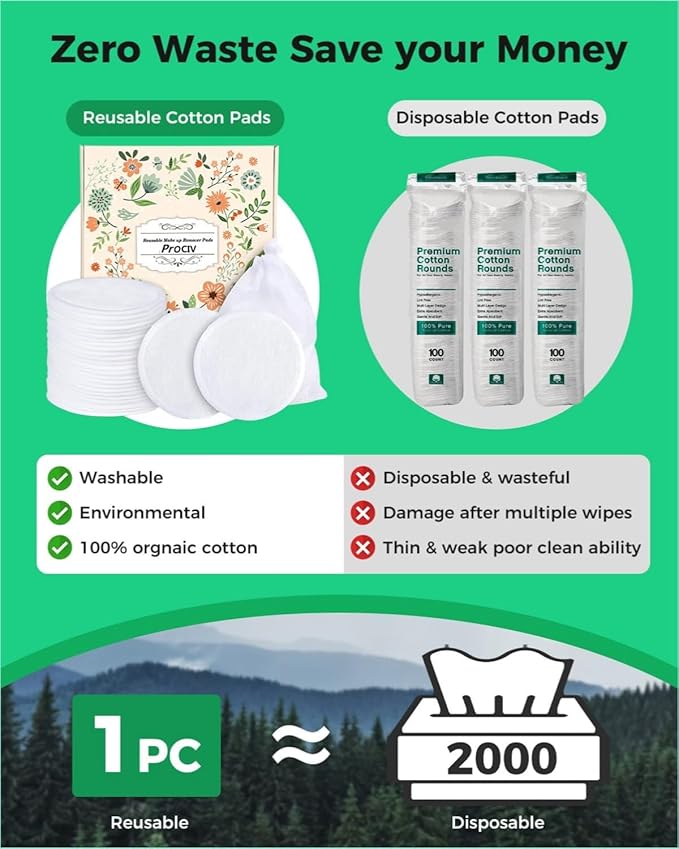 ProCIV Reusable Makeup Remover Pads - 16 Packs Washable Organic Reusable Cotton Rounds for All Skin Types & Toner with Laundry Bag, Zero Waste Reusable Cotton Pads for Face for Woman Gift (White)