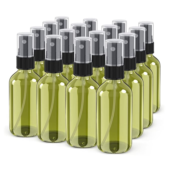 Wedama Spray Bottle, 2 oz Fine Mist Glass Spray Bottles, Little Refillable Liquid Containers for Watering Flowers Cleaning (16 Pack Olive Green)