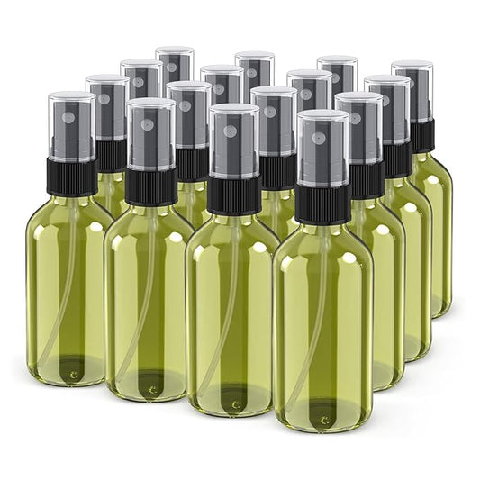 Wedama Spray Bottle, 2 oz Fine Mist Glass Spray Bottles, Little Refillable Liquid Containers for Watering Flowers Cleaning (16 Pack Olive Green)