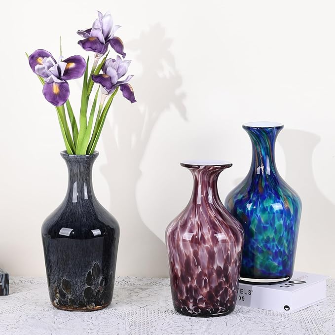 12.2" Tall Hand Blown Glass Vase – Pretty Red Purple Decorative Flower Vase, Modern Vintage Fusion Home Decor, Colorful Murano Glass Vases for Table Centerpieces, Living Room, Bathroom, Entry Table