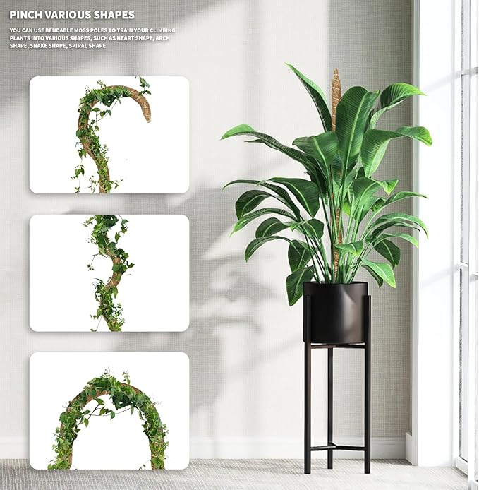 3 Pack Moss Pole Monstera Plant Support, 28 Inch Bendable Moss Poles for Climbing Plants with 20 FT Jute Ropes, Coco Coir Moss Pole Kit Support for Indoor Potted Plants, Pothos, Philodendron
