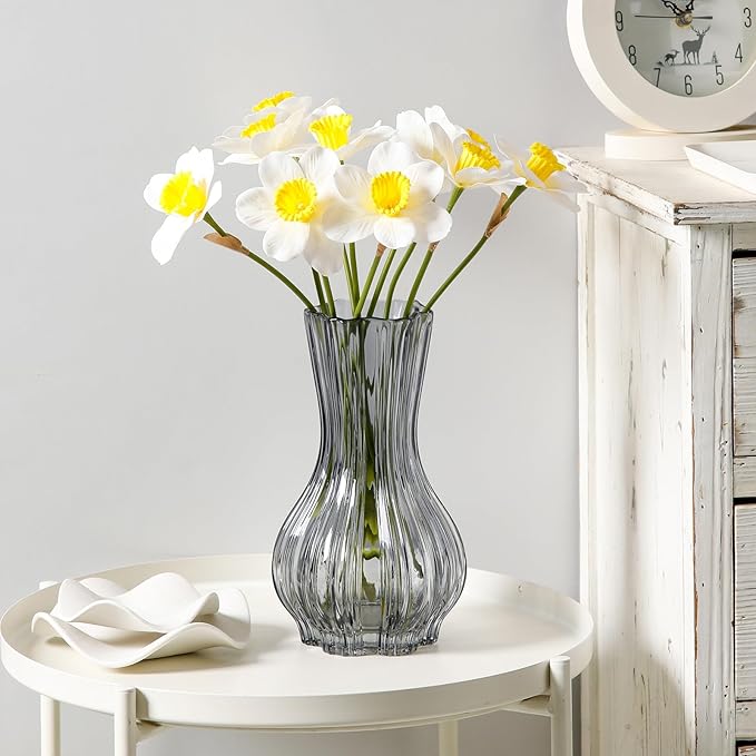 8" Decorative Modern Flower Vase with Twine Rope for Floral Arrangements, Wide Mouth Large Clear Glass Vase for Bouquet(Transparent) (Grey, 01)