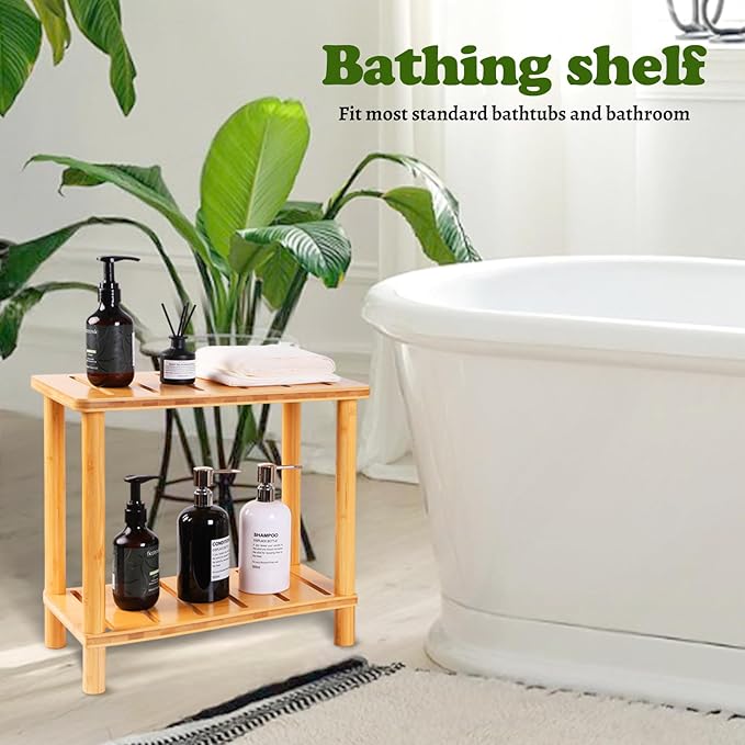 Bamboo Shower Bench Stool, Shower Stool for Inside Shower with Storage Shelf, Waterproof Shower Chair Spa Bath Seat, Bathroom Bench Seat for Adults for Indoor or Outdoor Use.