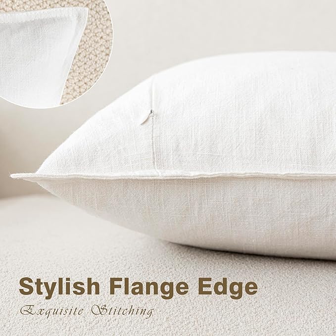 Foindtower Pack of 2, Decorative Linen Soild Throw Pillow Covers Soft Accent Cushion Case Boho Farmhouse Neutral Pillowcase for Chair Couch Sofa Bedroom Living Room Home Decor 18 x 18 Inch Cream White