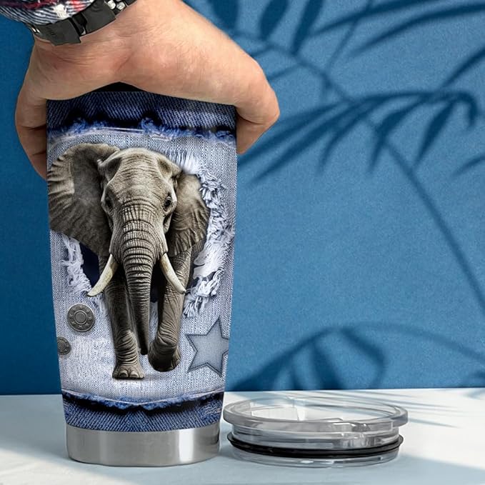 SANDJEST Elephant Tumbler 20oz Stainless Steel Insulated Tumblers Coffee Travel Mug Cup Jeans Drawing Style Elephants Gifts for Women Men Gift for Birthday Christmas