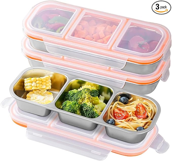 3 Pack Stainless Steel Snack Containers,3 Compartment Reusable stainless steel bento box, Leak Proof Metal Food Storage Containers,Stackable Bento Snack Box for School,Daycare,Work and Travel