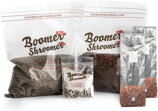 Boomer Shroomer Bulk & 2 Spawn Bag Bundle | Includes 500 Grams of Vermiculite, 500 Grams of Coco Coir, and 100 Grams of Gypsum | 2 Sterilized Spawn Bags