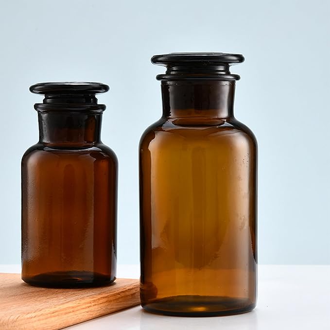 Lab Glass Reagent Bottle,Wide Mouth Glass Storage Bottle with Ground Stopper,Decorative Bottles/Vase (Amber, 500ML)