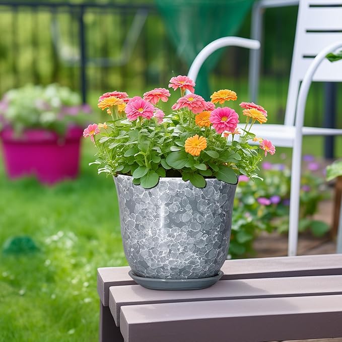 Ceramic Plant Pots - 8 Inch Plant Pot with Drainage Hole and Saucer, Round Planter for Indoor Outdoor, Modern Flower Pots, Decorative Planters, Home Room Office Decor, Gardening Gifts, Grey