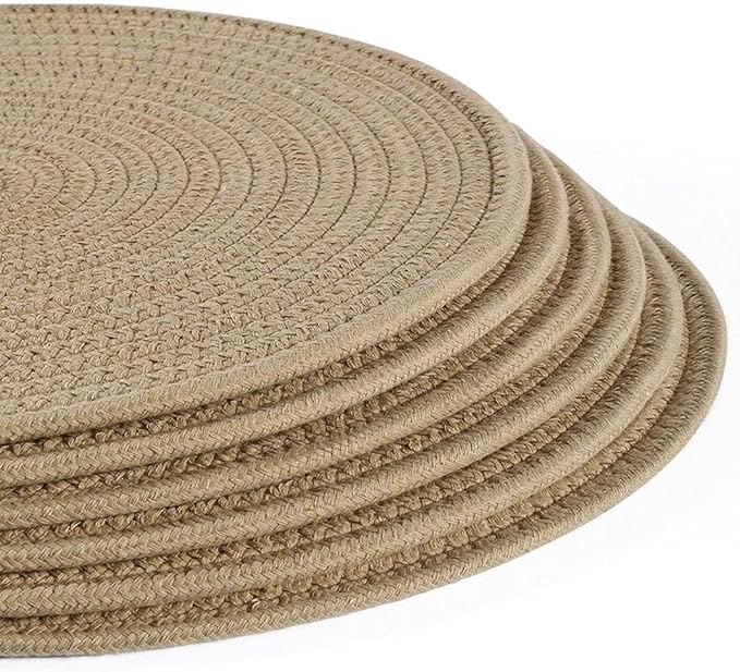 6 Pack Round Woven Placemats,13.8 inch Plate Chargers Brown Jute Thick Place Mats Cotton Jute Rope Braided Tablemats Rattan Tablemats Weave Placemats for Dining Table