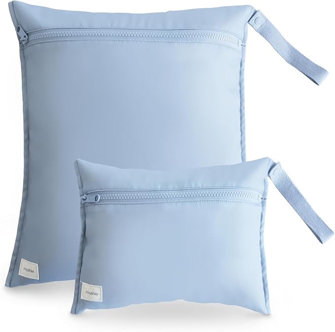 mushie Water Resistant Wet Bags | Large & Small Reusable Storage Bag for Baby Items and Travel | Zippered Pockets with Handle | Machine Washable, Set of 2 (Tradewinds)