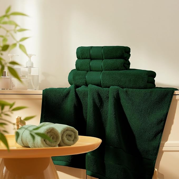 Marvione Bath Towels Set 6 Piece, 100% Turkish Cotton Highly Absorbent and Soft Towels for Bathroom 2 Bath Towels 2 Hand Towels 2 Washcloths, Deep Green