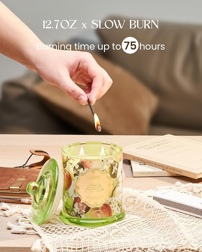 M&SENSE Apple Crumble Candles for Home Scented, Organic Soy Candles Non Toxic, 12.7oz Large Jar Candle 75 Hours Long Lasting, Strong Scented Fall Winter Thanksgiving Christmas Housewarming Gift