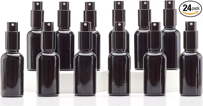 YIZHAO Black Glass Spray Bottles 1oz, with Small Fine Mist Spray, Metal Cap, Refillable for Essential Oil,Travel,Cleaning,Perfume,Aromatherapy,Makeup – 24 Pcs