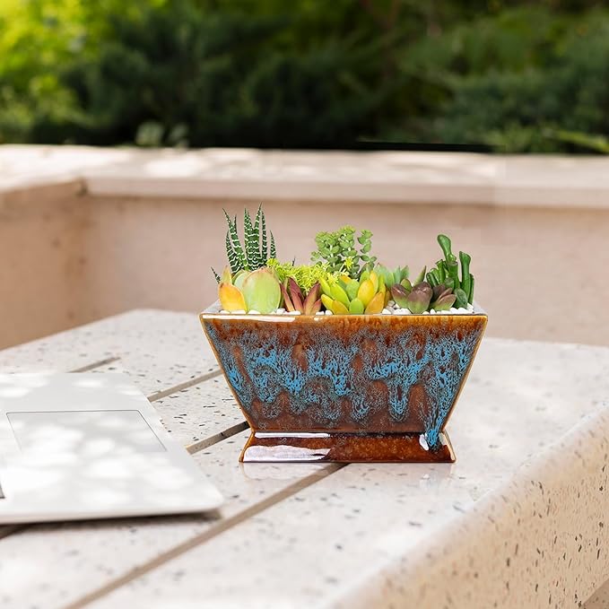 ARTKETTY Succulent Pots - 7 Inch Large Plant Pot with Drainage, Shallow Ceramic Succulent Planters for Indoor Outdoor Plants, Modern Cactus Bonsai Plant Container Decorative Home Office