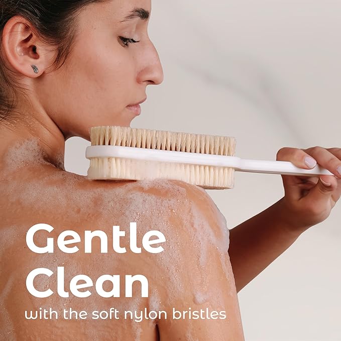 MainBasics Back Scrubber for Shower – Long Handle Dual-Sided Brush for Body Wash & Scrubbing with Exfoliating & Soft Bristles (White, Plastic)