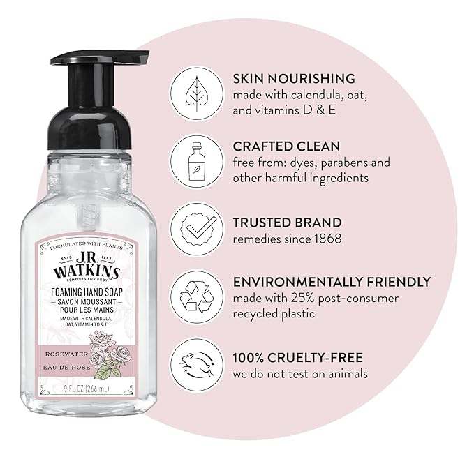 J.R. Watkins Foaming Hand Soap with Pump Dispenser, Moisturizing Foam Hand Wash, Alcohol-Free, Cruelty-Free, Rosewater, 9 fl oz, 3 Pack