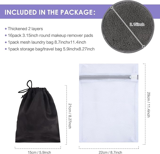 SUNLAND Reusable Makeup Remover Pads for Face,Eye,Lips 32 Pack Microfiber Face Cleansing Gloves Washable with Laundry Bag and Travel Bag Rounds Toner Pads（Round 3.15inchx32,Dark Grey）