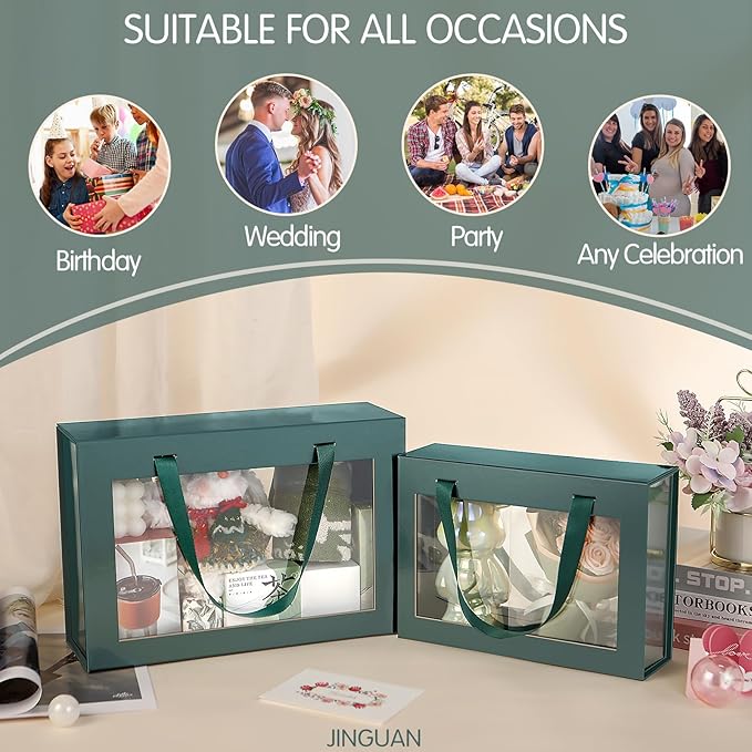 Large Green Clear Gift Box, 13.5x9x4.1 Inches Gift Box with Window by Handle, Bridesmaid Proposal Box, Collapsible Gift Box with Magnetic Closure (Glossy Green, 1 Pack)