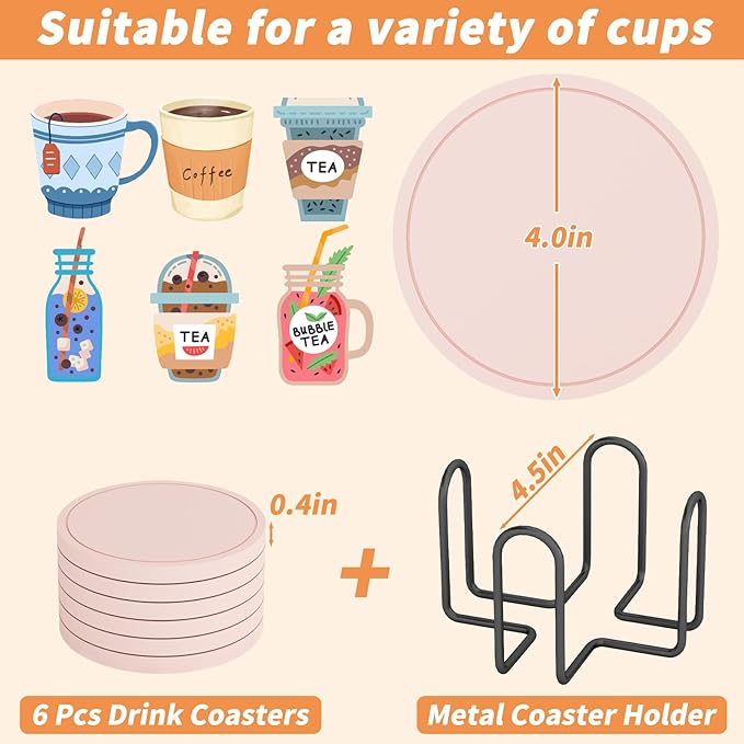 Azhou 6Pcs Drink Coaster with Holder, Pink Absorbent Coasters for Drinks, Non-Slip with Velvet Bottom, Thick Heavy Duty 4 inch Ceramic Coasters, Home Decor Coffee Bar Accessories