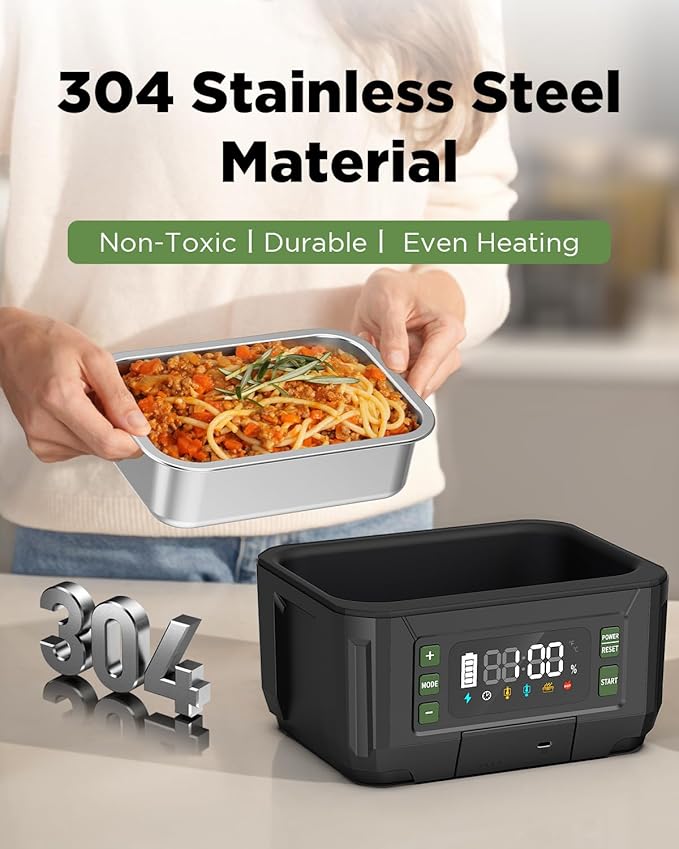 Cordless Electric Lunch Box for Adults – 1.2L Stainless Steel Self-Heating Lunch Box with 20000mAh Removable Rechargeable Battery, Portable Heated Food Warmer for Work, Travel & Office