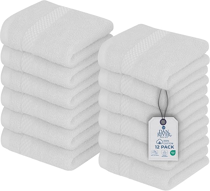 DAN RIVER 12-Pack Premium 100% Cotton White Face Towels – Reusable Face Towel Set, Soft & Absorbent Wash Cloths for Bathroom & Body – Hand and Face Towels, 550 GSM (12x12 in)