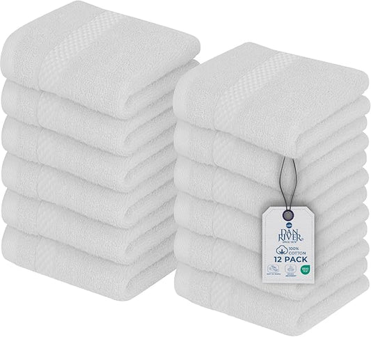 DAN RIVER 12-Pack Premium 100% Cotton White Face Towels – Reusable Face Towel Set, Soft & Absorbent Wash Cloths for Bathroom & Body – Hand and Face Towels, 550 GSM (12x12 in)